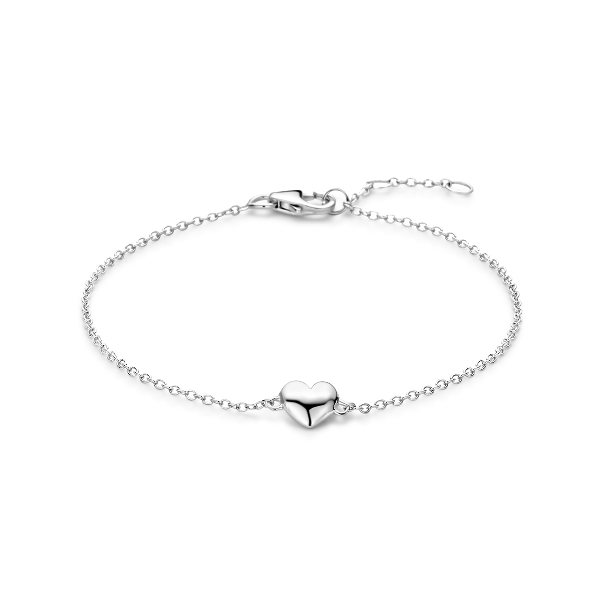 Gerhodineerd op 925 zilveren armband uitgevoerd met een hartje. De armband heeft draaglengtes van 16.5-17.5-18.5cm.