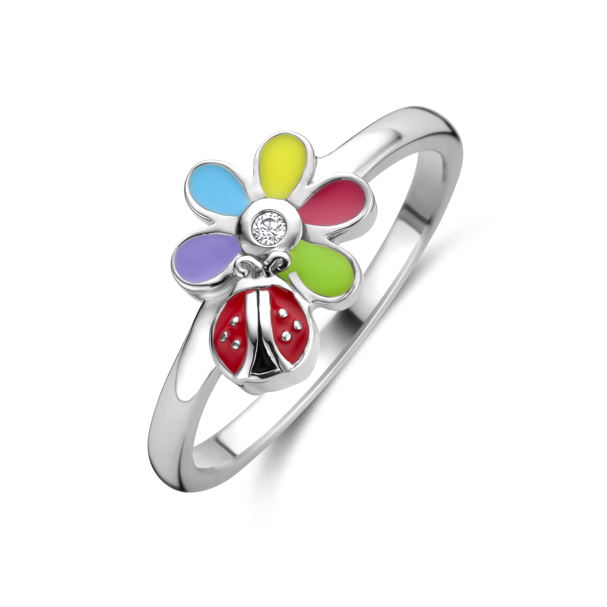 Gerhodineerd 925 zilveren ring uitgevoerd met zirkonia, emaille bloem en lieveheersbeestje. De ring heeft een afmeting van 7.5x8.5mm.