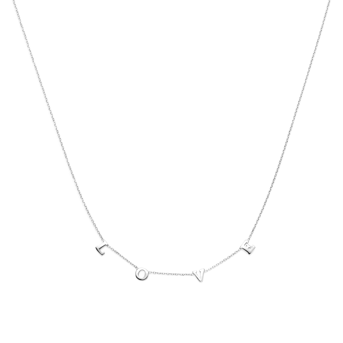 Gerhodineerd 925 zilveren collier uitgevoerd met de tekst love. Het collier heeft draaglengtes van 41cm met 5cm extensie.