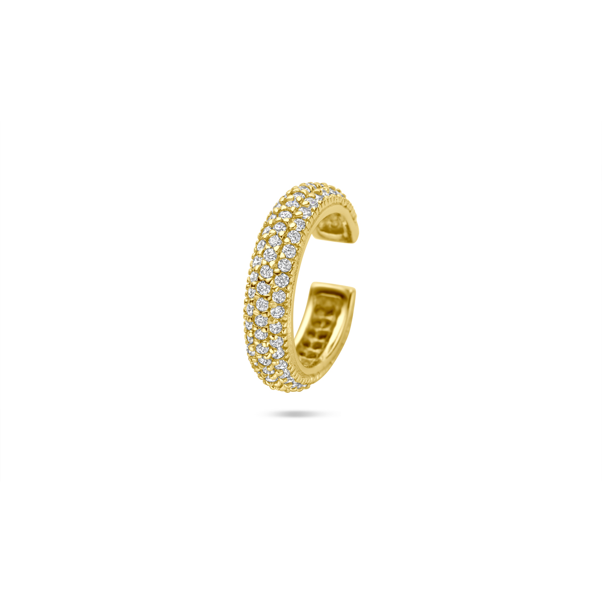 Verguld geel op 925 zilveren ear cuff uitgevoerd met zirkonia en heeft een afmeting van 15.5x3.5mm. Geen garantie op plating.