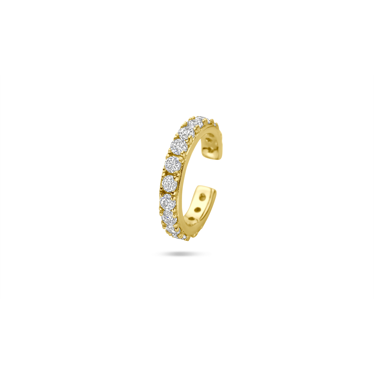 Verguld geel op 925 zilveren ear cuff uitgevoerd met zirkonia en heeft een afmeting van 14.5x2.5mm. Geen garantie op plating.