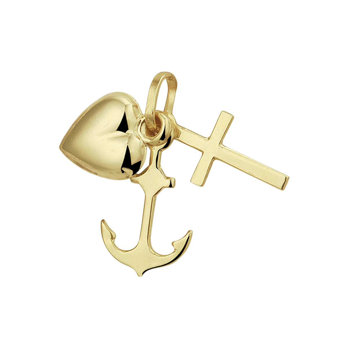 Geelgouden geloof, hoop en liefde hanger. Met een hart van 8x7.5mm, een anker van 14x8mm en een kruis van 13.5x7mm. Drie symbolen - woorden uit de bijbel - onlosmakelijk aan elkaar verbonden. Deze hanger zal voor een ieder die hem draagt een eigen betekenis hebben. 
Doelgroep: unisex
Hoogte: 17 mm