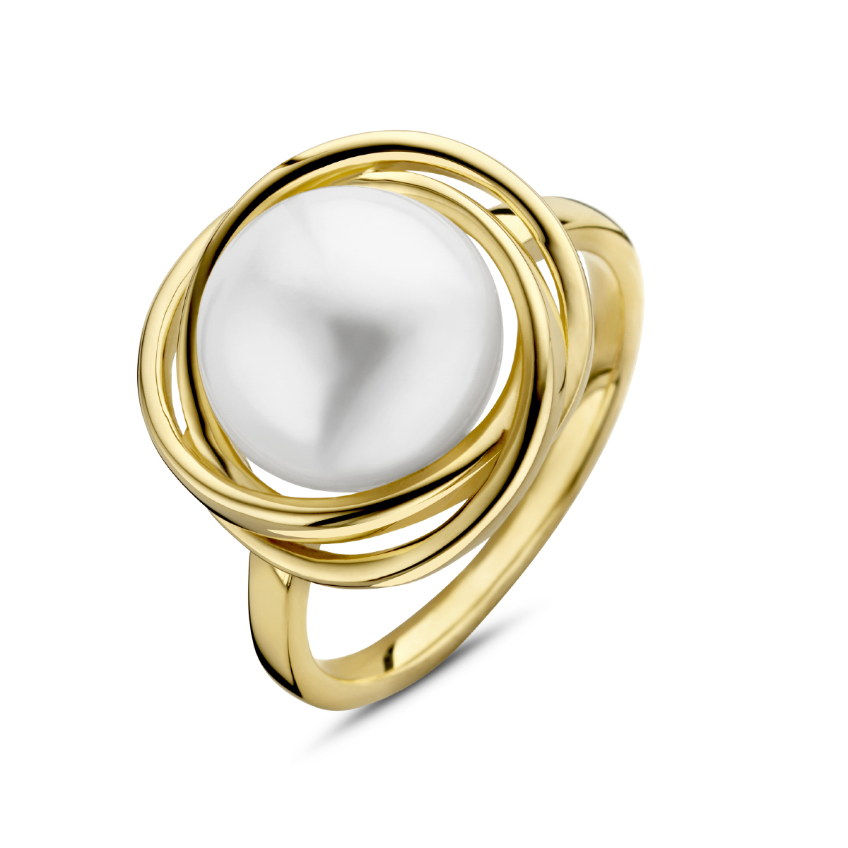 14k Geelgouden ring uitgevoerd met een schitterende zoetwaterparel. De ring heeft een breedte van 16mm.