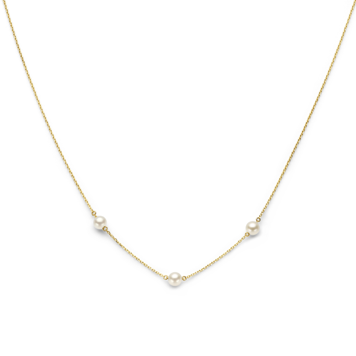 14k Geelgouden collier uitgevoerd met zoetwaterparels. Het collier heeft draaglengtes van 40, 42 en 44cm. De schakelbreedte is 0.8mm.