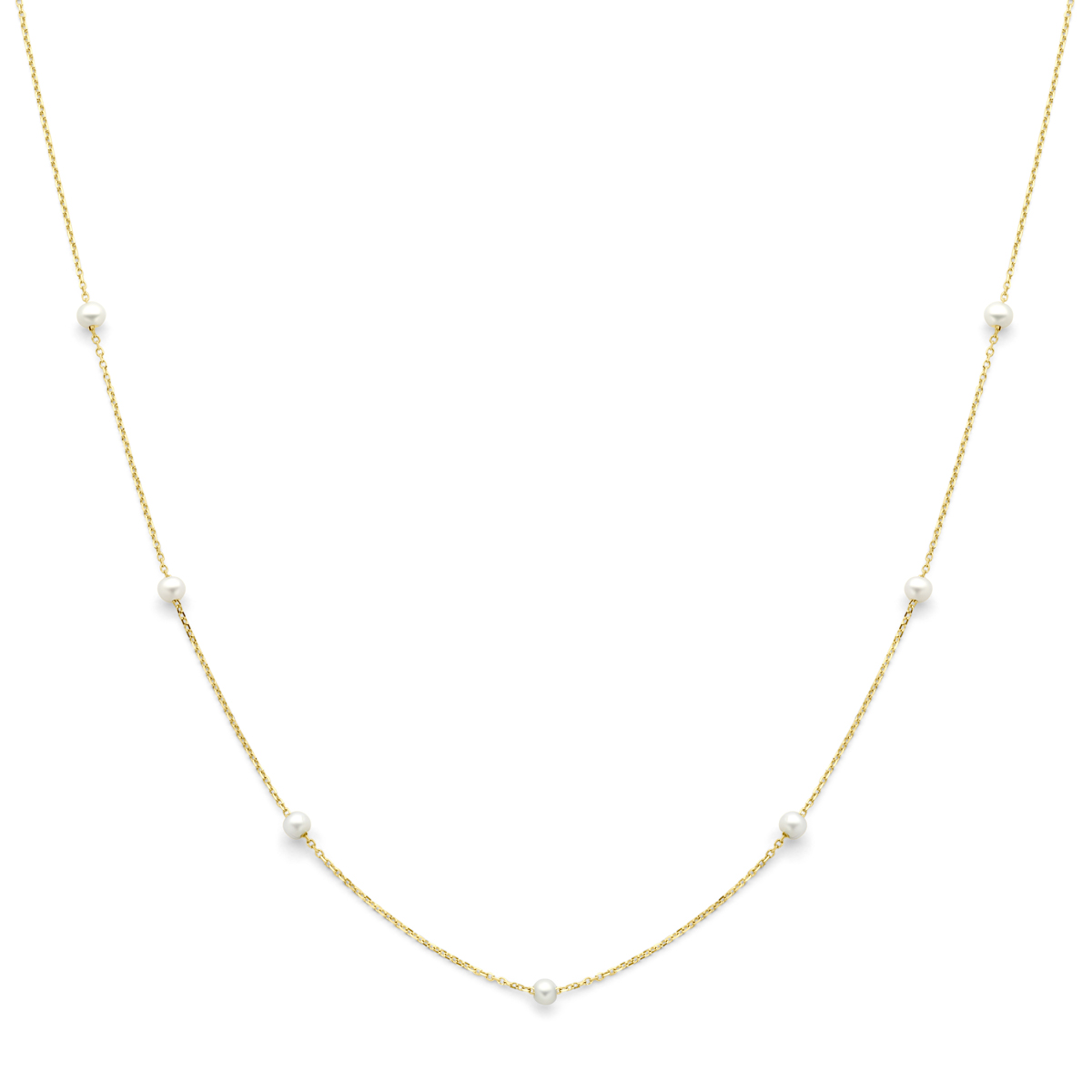 14k Geelgouden collier uitgevoerd met zoetwaterparels. Het collier heeft draaglengtes van 42-45cm.