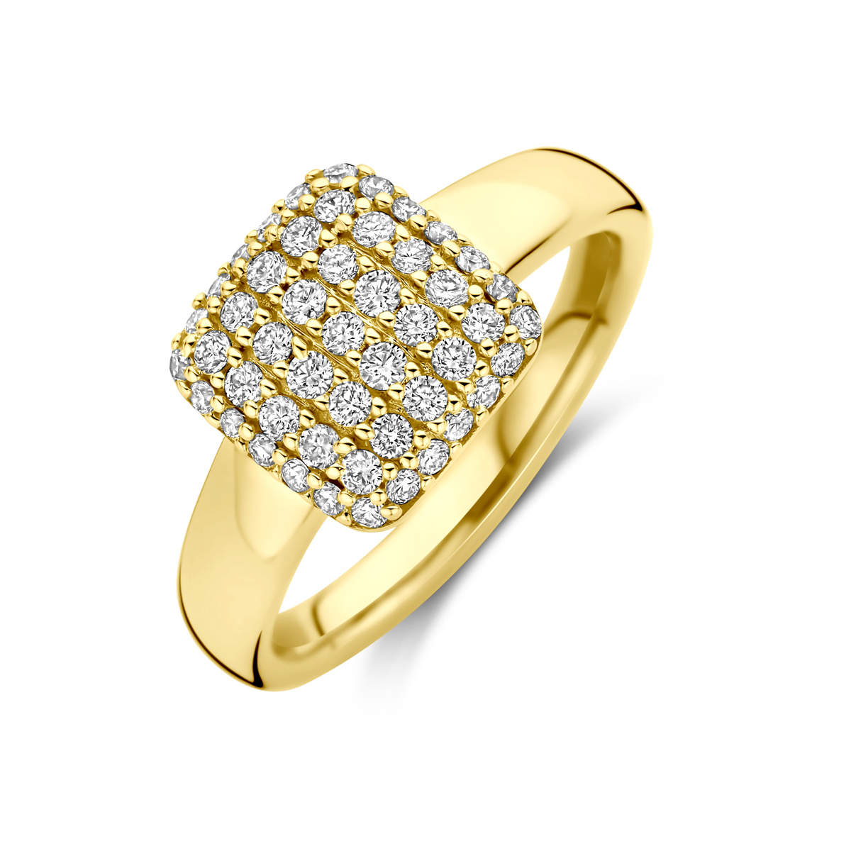 14k Geelgouden ring uitgevoerd met lab grown diamant. De ring heeft een breedte van 10mm. Het totale diamantgewicht is 0.50ct. Lab grown diamanten zijn diamanten die ontstaan in een laboratorium. Onder extreem hoge druk en temperatuur wordt het natuurlijk ontstaansproces nagebootst met als eindresultaat een diamant met dezelfde chemische eigenschappen maar met een andere oorsprong.
