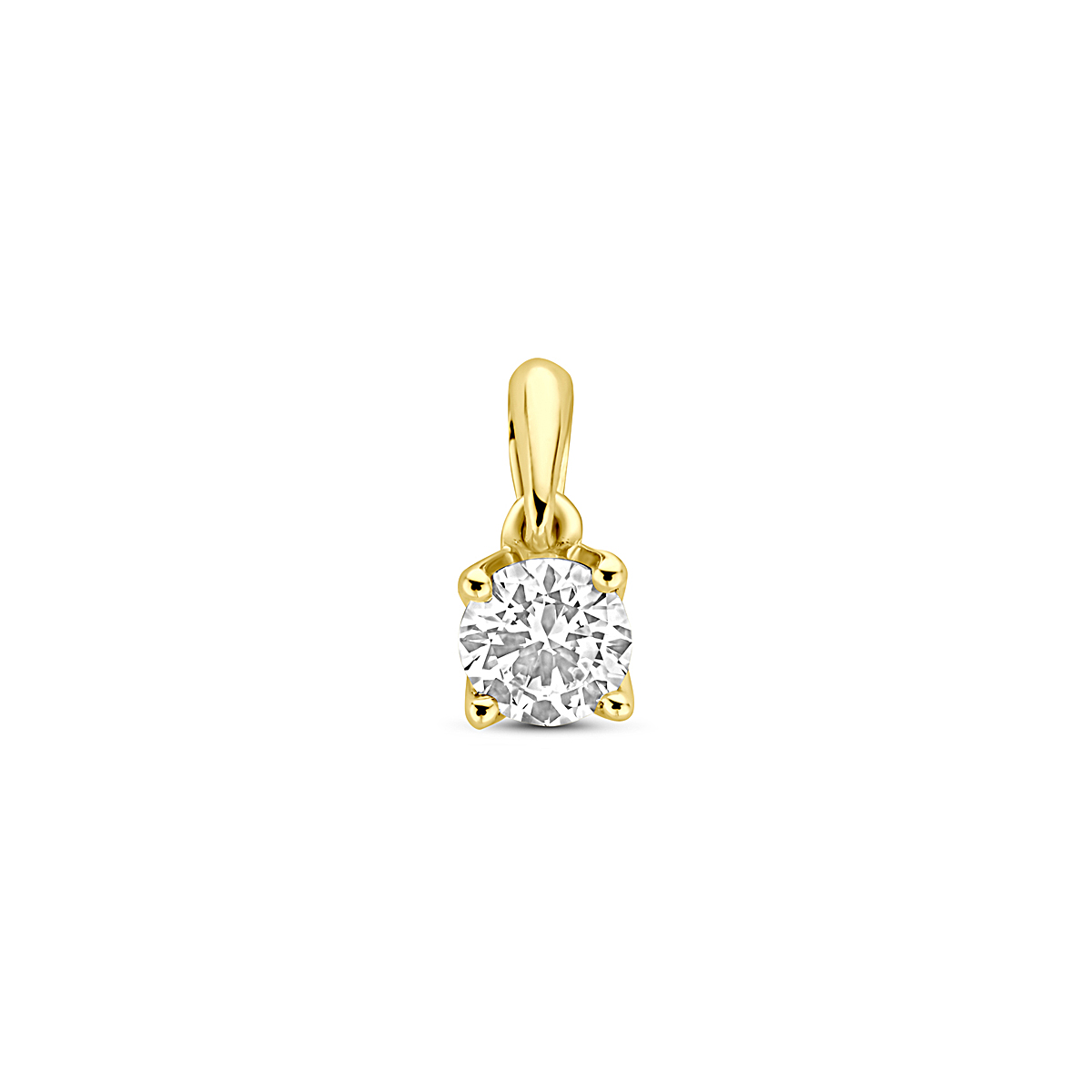 14k Geelgouden hanger uitgevoerd met lab grown diamant. De hanger heeft een afmeting van 9,5x4,0mm. Het diamantgewicht is 0.25ct. Lab grown diamanten zijn diamanten die ontstaan in een laboratorium. Onder extreem hoge druk en temperatuur wordt het natuurlijk ontstaansproces nagebootst met als eindresultaat een diamant met dezelfde chemische eigenschappen maar met een andere oorsprong.