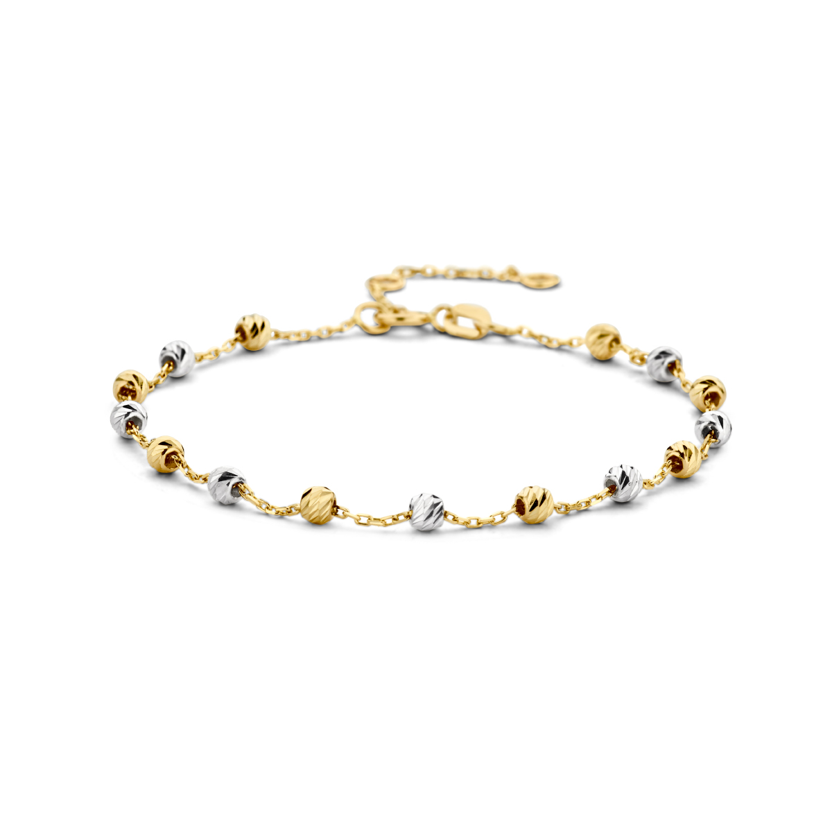 14k Bi-color wit- en geelgouden armband met een schakelbreedte van 1.0mm. Uitgevoerd met gediamanteerde bolletjes. De armband heeft draaglengtes van 16, 17.5 en 19cm.