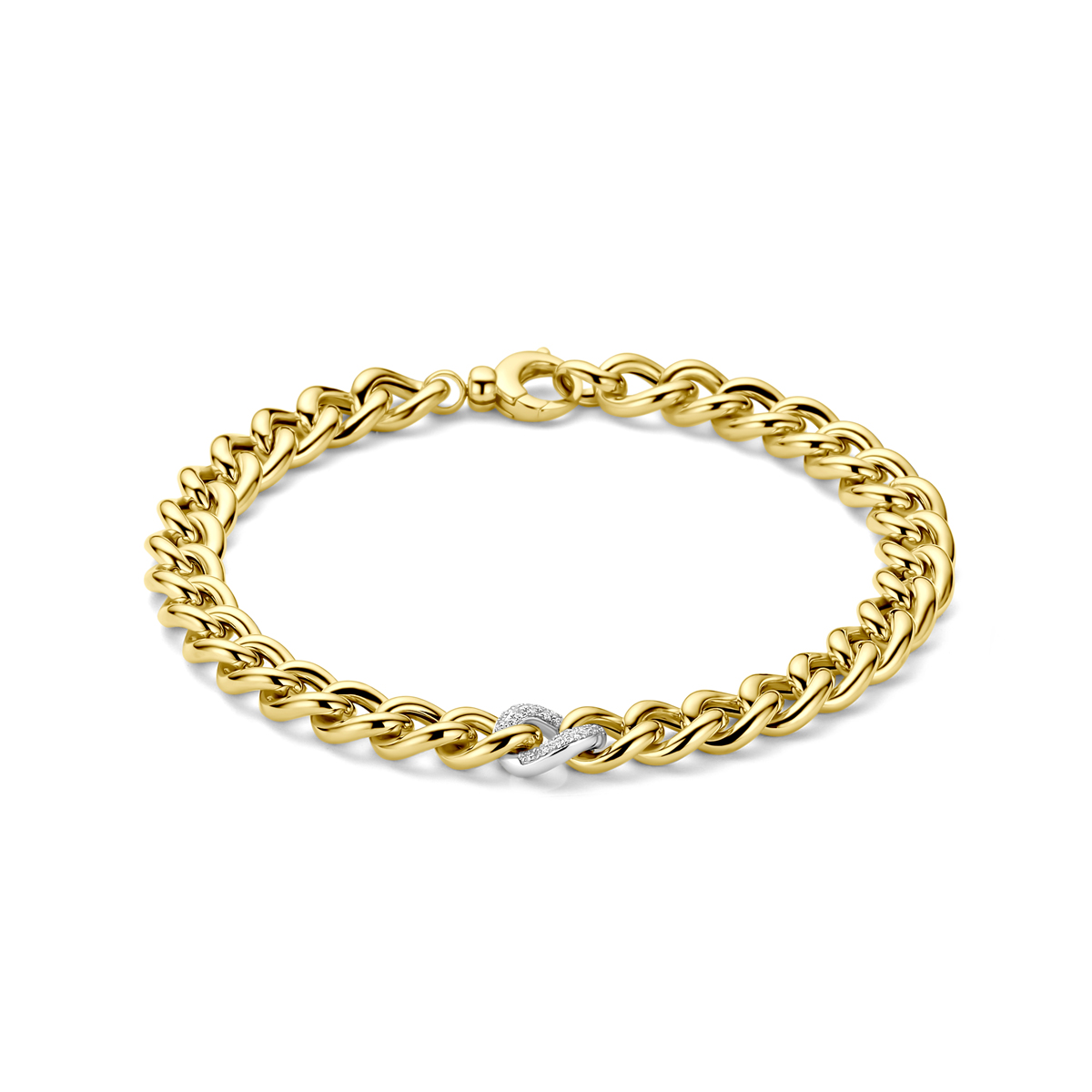 14k Bicolor geel- en witgouden armband uitgevoerd met schitterende diamant. De armband heeft een schakelbreedte van 7mm en een draaglengte van 19cm. Het totale diamantgewicht is 0.10ct.
