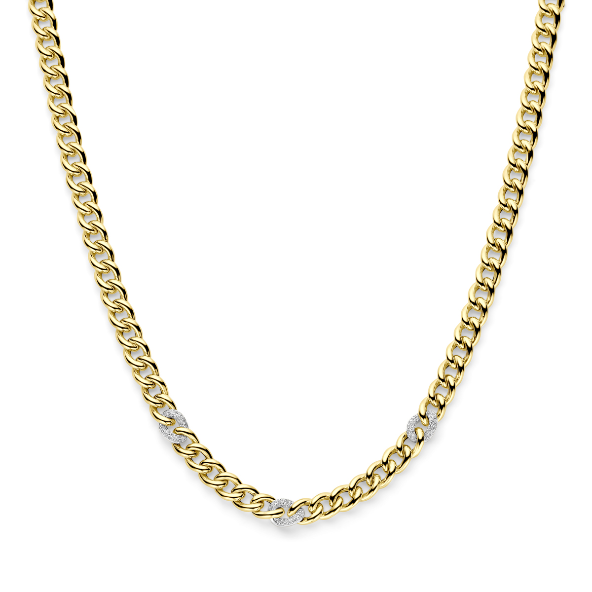 14k Bicolor geel- en witgouden collier uitgevoerd met schitterende diamant. Het collier heeft een schakelbreedte van 7mm en een draaglengte van 43cm. Het totale diamantgewicht is 0.31ct.