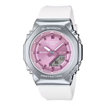 Het Casio horloge G-Shock analoog Digitaal model GM-S2110-7A6ER beschikt over een roze wijzerplaat, analoog-digitale indicatie, en een witte band van kunststof/siliconen. Met een waterdichtheid van 20ATM, een quartz uurwerk, datumfunctie en mineraalglas, past het perfect bij elke avontuurlijke lifestyle. Draag deze robuuste en stijlvolle tonneau-vormige polshorloge dagelijks voor zowel casual als actieve gelegenheden.