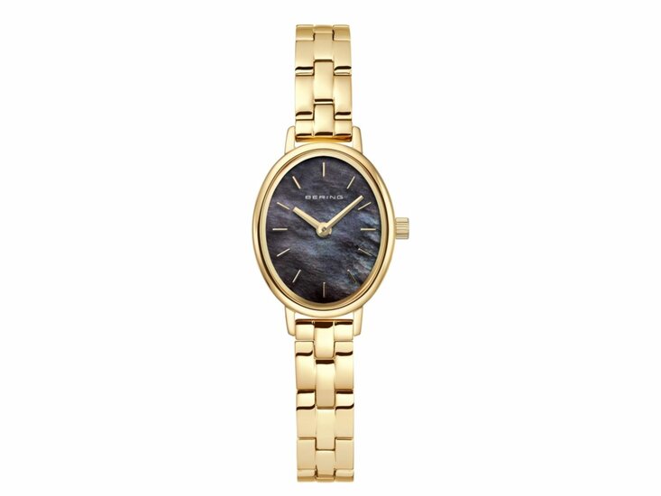 11020-732. Bering goudkleurig dames horloge met een schakel band. Donker parelmoer kleurige wijzerplaat. Saffier glas. 