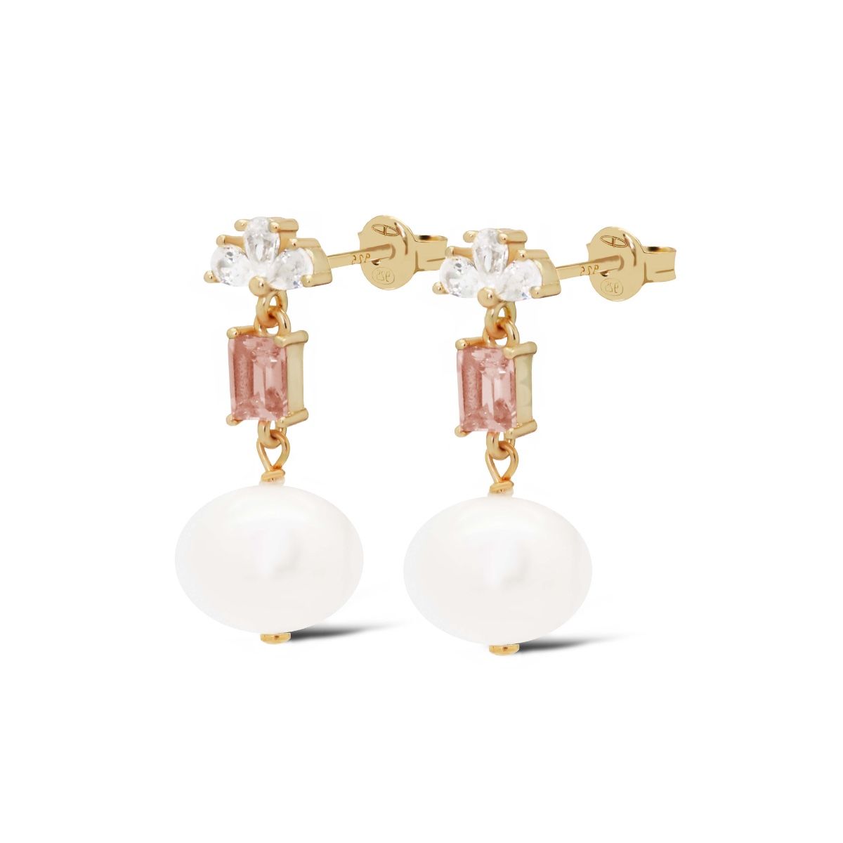 Dit zijn BOWIE Zirconia Pearl Salmon Oorstekers. De oorbellen zijn verkrijgbaar in 925 sterling zilver of met een 14K gouden plating