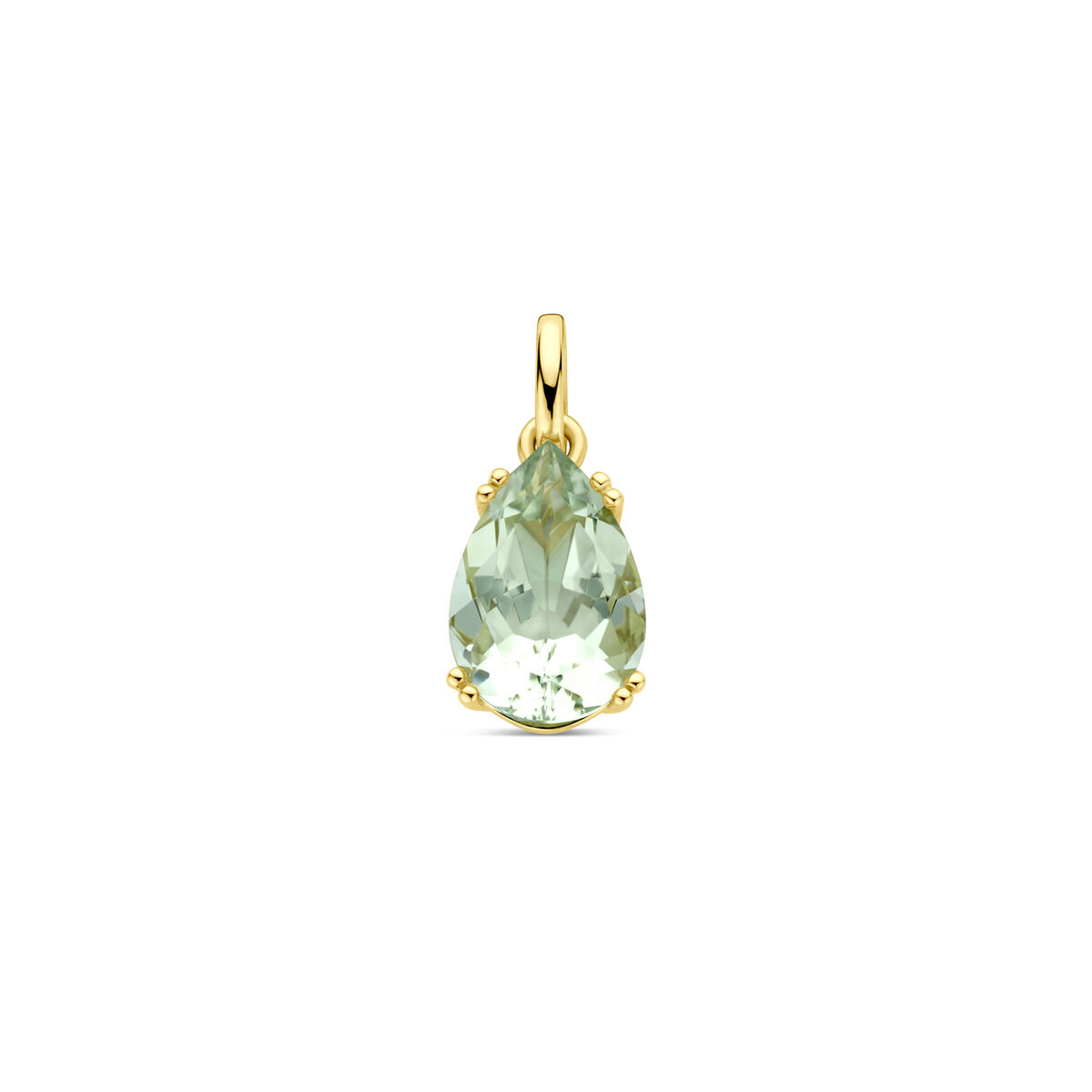 14k Geelgouden hanger uitgevoerd met groen amethist. De hanger heeft een totale hoogte van 18mm.