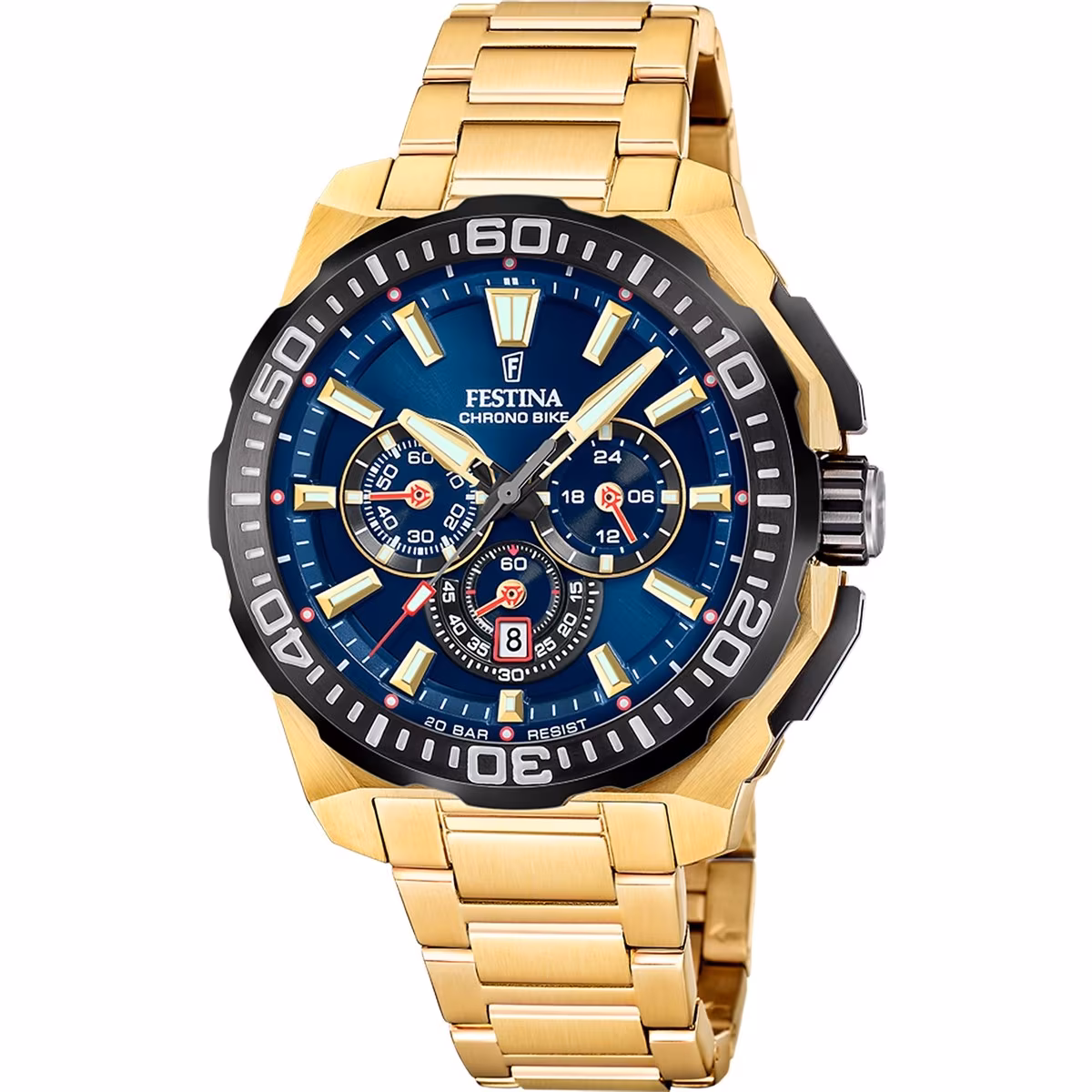 festina horloge, goudkleurig band met een blauwe wijzerplaat 