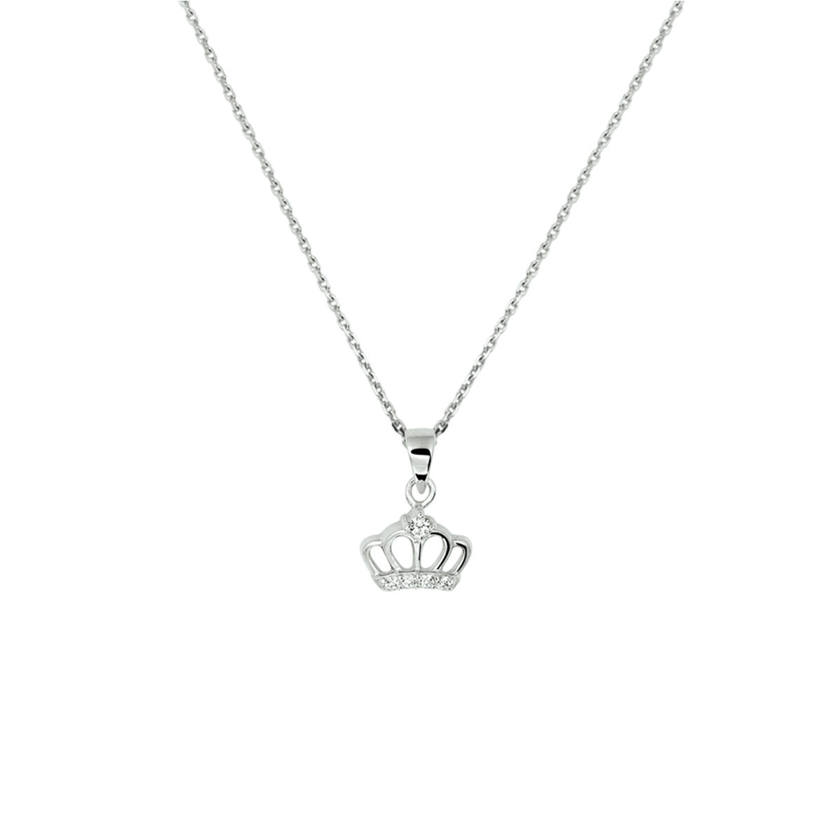 Schattig gerhodineerd zilveren collier met een hanger in de vorm van een kroontje met een afmeting van 15x10mm. De schakelbreedte is 1.1mm. Uitgevoerd met schitterende zirkonia en een stevig hangoog. Het collier heeft een draaglengte van 36cm en een extensie van 4cm. Perfect te combineren met bijpassende sieraden uit onze collectie. Tip: Leuk om kado te geven! 