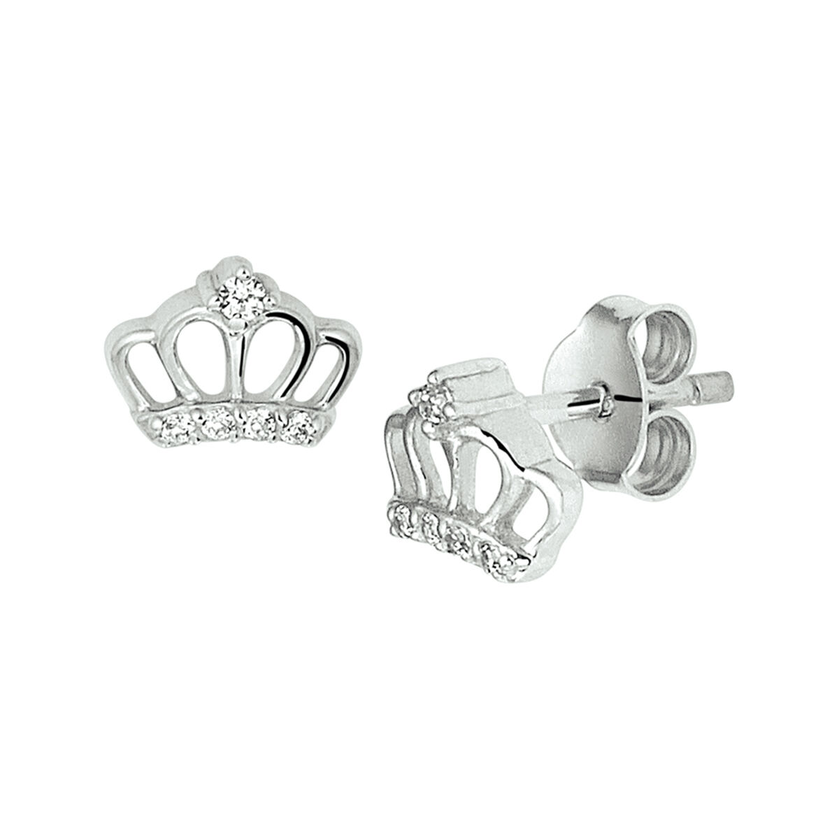 Schattige gerhodineerd zilveren oorknoppen in de vorm van een kroontje met een afmeting van 6.5x7.5mm. Uitgevoerd met schitterende zirkonia en een stevige poussette sluiting. Deze oorknoppen zijn perfect te combineren met bijpassende sieraden uit onze collectie. Tip: Leuk om kado te geven! 