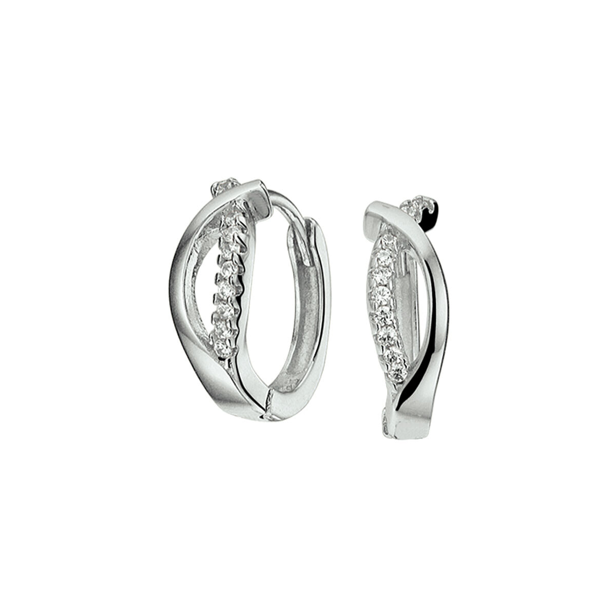 Zilveren klapoorringen van 13x4.5mm uitgevoerd met een rijzetting van briljant geslepen zirkonia en stevige scharnier sluiting.