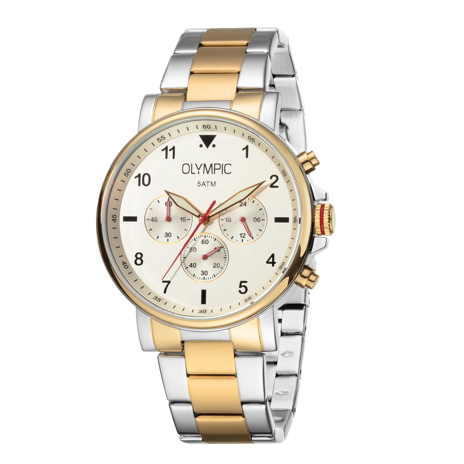 Olympic OL89HSS057B Jack Horloge Heren Staal 44mm 
Dit unieke Olympic horloge met artikelnummer: OL89HSS057B is een heren horloge met een stoere uitstraling. De stalen kast heeft een gladde bezel en een blauwe wijzerplaat met een chronograaf. De uursaanduiding is opvallend door de lumibrite en rode strepen en wijzers. Dit geeft het horloge een stoer uiterlijk. Aan de stalen kast zit een stalen mat glimmende bi-color schakelband met een vouwsluiting. Het horloge heeft een mineraalglas, een doorsnee van 44mm en is 5ATM.

Waterdichtheid 5ATM
Dit horloge is bestand tegen water bij het zwemmen en douchen. Dit horloge is niet bestand tegen (grote) waterdruk dus je kunt er niet mee duiken.

Het merk:
Het Nederlandse horlogemerk Olympic levert stoere chronografen, slimline series, digitale uurwerken en elegante dameshorloges. De prijs-kwaliteitverhouding staat bij Olympic hoog in het vaandel met prijzen die uiteenlopen van &euro; 34,95 tot en met &euro; 159,00.

100% Nederlands ontwerp, waterdicht en standaard 3 jaar fabrieksgarantie.

Specificaties:
- Ronde kast &Oslash; 44mm
- Stalen horlogekast
- Blauwe wijzerplaat
- Stalen schakelband
- 5ATM 
- Standaard 3 jaar fabrieksgarantie
- Mineraalglas