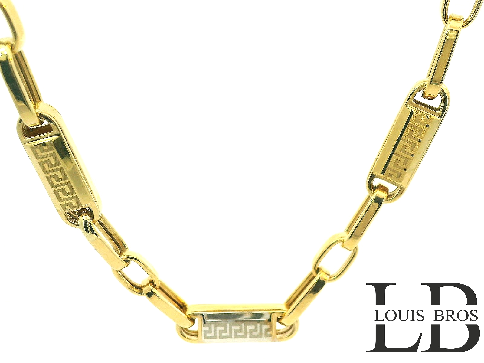 Dit stijlvolle bicolor collier van 14 karaat goud (25.81 gr) is een toonbeeld van luxe en vakmanschap. Speciaal ontworpen voor de moderne man die houdt van verfijning en karakter, combineert dit collier geelgoud en witgoud op een harmonieuze wijze.

De robuuste rechthoekige schakels worden afgewisseld met verfijnde, gegraveerde tussenstukken voorzien van een klassiek Grieks sleutelpatroon. Deze gravure geeft het collier een uniek en luxe accent, terwijl de gepolijste afwerking zorgt voor een prachtige glans.

Met zijn tijdloze design en hoogwaardige afwerking is dit collier geschikt voor zowel formele als alledaagse gelegenheden. Een exclusief sieraad dat elke outfit naar een hoger niveau tilt.

Kenmerken:

Materiaal: 14 karaat bicolor goud (geelgoud en witgoud)

Design: Rechthoekige schakels met gegraveerde elementen

Motief: Grieks sleutelpatroon

Doelgroep: Heren

Afwerking: Gepolijst, met gravure-accenten

Merk: Louis Bros

Een krachtig statement van stijl en klasse – perfect als luxe cadeau of als investering in persoonlijke elegantie.