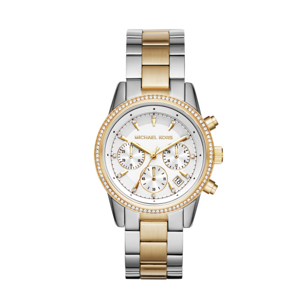 Michael Korz quartz bicolor dames pols horloge model MK6474 uit de Bryant collectie. Edelstaal met schakelband. 5 ATM waterdicht.