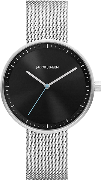 Strak horloge van Jacob Jensen met milanese band en zwarte wijzerplaat.