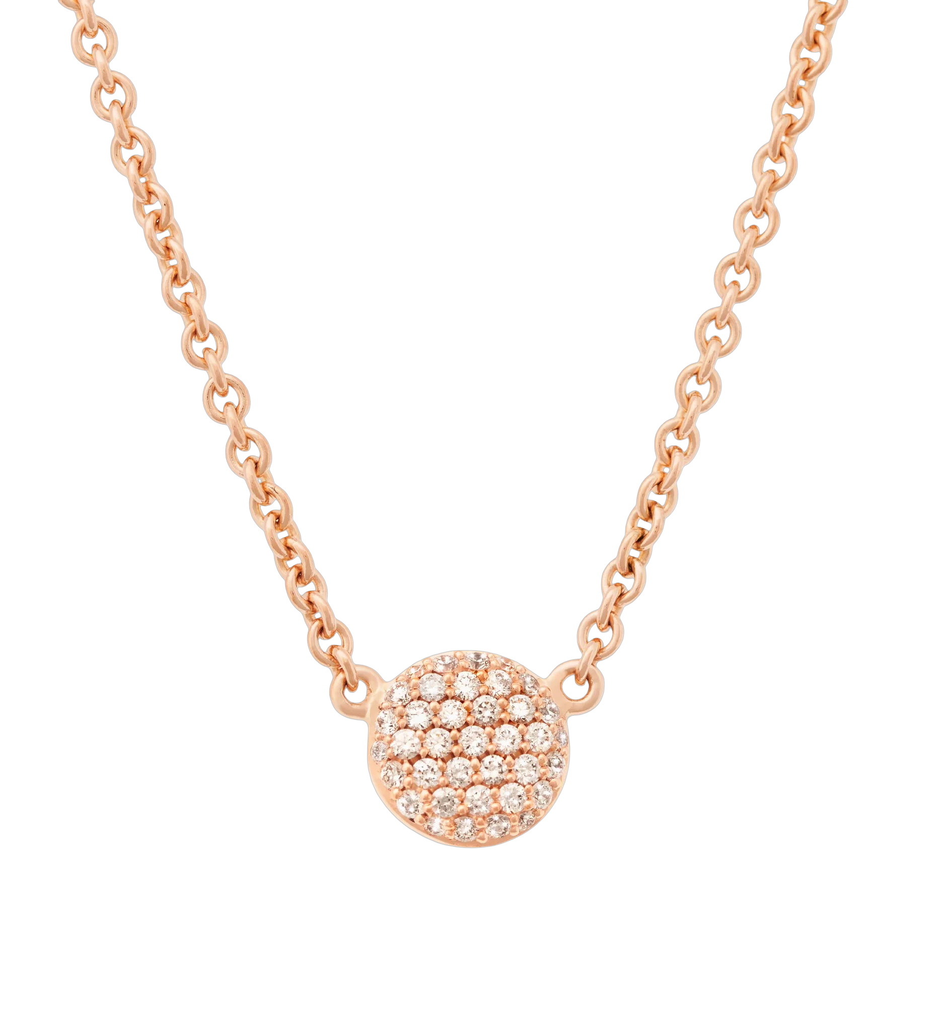 Een 18 krt roségouden collier Bron model stardust.
de pastille is aan de ene kant bezet met diamant briljant geslepen en ander kant champagne diamantje briljant geslepen totaal 0.20 crt.