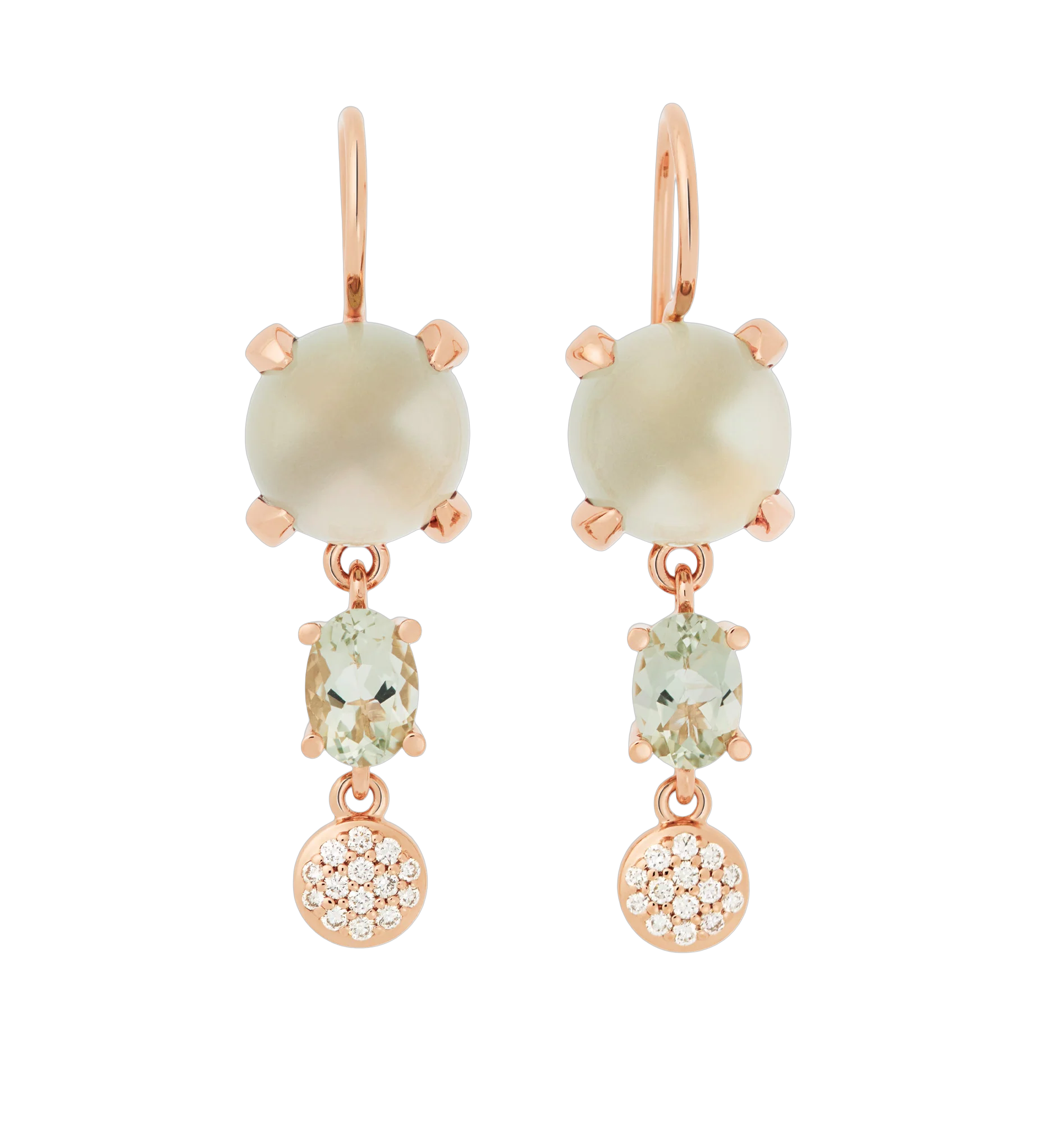 3 delige oorhanger in subtiele lichtgroene versie. Lemon kwarts in cabuchon en facet cut, diamant.