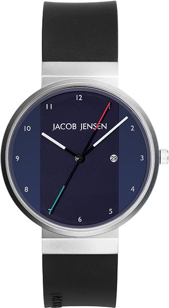 diep blauw is de wijzerplaat van dit jacob jensen design horloge. de seconde wijzer is twee kleurig en het uurwerk is voorzien van een datum functie.