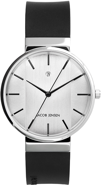 Dit 737 Jacob Jensen horloge is een stijlvol horloge van hoge kwaliteit. Jacob Jensen maakte de kast van dit Jacob Jensen dames en herenhorloge van edelstaal met een horlogeband van rubber. Ook de kleur zilver van de wijzerplaat van deze Jacob Jensen New Line 737 past perfect bij het geheel. Het materiaal glas van dit model is mineraal glas, en het horloge is 3 ATM (handen wassen) waterdicht. 2 jaar garantie.