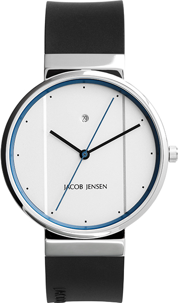 De Jacob Jensen New 770 is een horloge met over het midden van de wijzerplaat een verticale verdieping, als een optische verlenging van de horlogeband. De karakteristieke dubbele secondewijzer is blauw, net als de rand onder het minerale glas. De kast van het horloge is van glanzend roestvrij staal en aan het horloge zit een zwart rubberen horlogeband, die door de bijzondere bevestiging eenvoudig (zelf) uit te wisselen of te vervangen is.

Het brede horloge heeft mineraal glas en een betrouwbaar Zwitsers Ronda quartz uurwerk, dat naast de tijd, ook de datum aangeeft. Van de Jacob Jensen