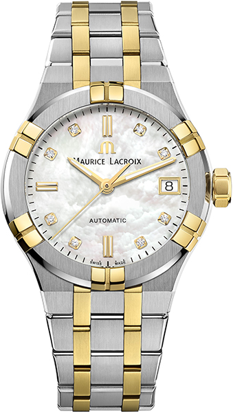 Glassoort: saffier
Kastmateriaal: edelstaal
Techniek: automatisch
Kastkleur: goud- en zilverkleurig.
Kastvorm: rond
Wijzerplaat: kleur: parelmoer. 8 diamantjes.
Bandkleur: zilver- en goudkleurig.
Waterbestendig: 20 ATM