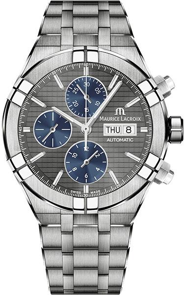 Hard, solide, titanium is als staal, maar efficiënter. Door dit technische materiaal toe te passen op de AIKON Automatic Chronograph overstijgt Maurice Lacroix zijn vlaggenschipcollectie. Het resultaat is een drastisch verminderd gewicht en een ongeëvenaard draagcomfort. Zijn intensere kleur, zijn meer uitgesproken satijnen afwerking, geven AIKON Automatic Chronograph Titanium de uitstraling van een discrete, efficiënte en coole avonturier.

Kast: Titanium 
Waterbestendig tot 20 ATM

Reliëf en sunray gunmetal wijzerplaat, blauwe opaline en geslepen tellers met witte prints.
Gepolijst gerhodineerd M-logo.

Materiaal band: titanium
Titanium vouwsluiting
Beweging:  Automatisch ML112

FUNCTIES
Uren en minuten in het centrum.
Kleine seconde op 9 uur.
Chronograaf seconden aangegeven door een centrale wijzer.
30 minuten chronograaf teller op 12 uur.
12-uurs chronograaf teller op 6 uur.
Dag en datum om 3 uur.
DECORATIES

Kralen.
Verticale Côtes de Genève op de bruggen en oscillerend gewicht.
