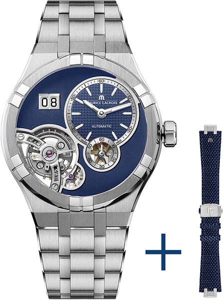 De Maurice Lacroix Aikon Master Grand Date (AI6118-SS00E-430-C) is een luxe herenhorloge met Zwitserse automatische beweging. Dit zilvergekleurde, ronde polshorloge heeft een 45 mm roestvrijstalen kast en blauwe wijzerplaat met strepenindex. Waterbestendig tot 10 ATM. Ideaal om formeel of zakelijk te dragen, waarbij de verfijnde stijl wordt benadrukt.