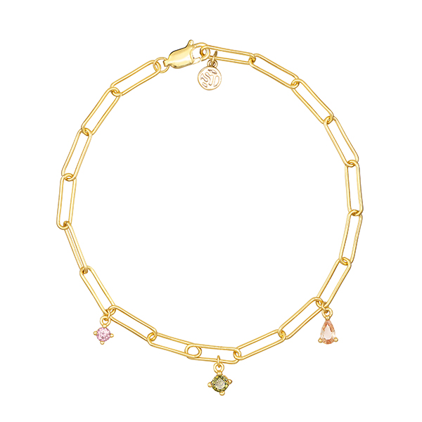 Lange schakel armband van 18 karaats verguld 925 Sterling zilver, oppervlak glanzend met drie verschillende vormen en kleuren zirkonia's eraan.

Lengte armband: 19,5 cm