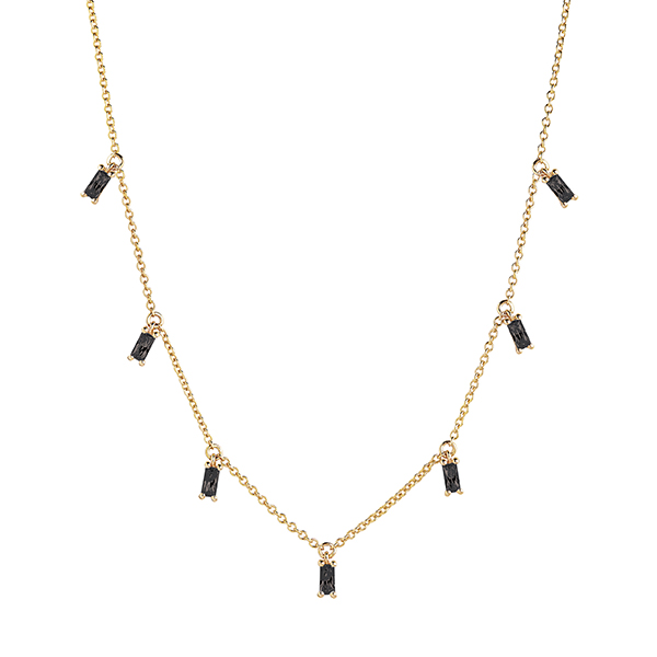 Collier gemaakt van 18 karaats verguld 925 Sterling zilver, anker schakel met verschillende princess baguette geslepen zwarte zirkonia's.

Afmetingen ketting: Lengte ketting 44 cm + 3,5 cm