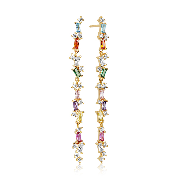 Oorhangers van 18 karaats vergulde 925 Sterling zilver gepolijst oppervlak gezet met verschillende kleuren baguette geslepen zirkonia's

Lengte van de oorhangers 6 cm
