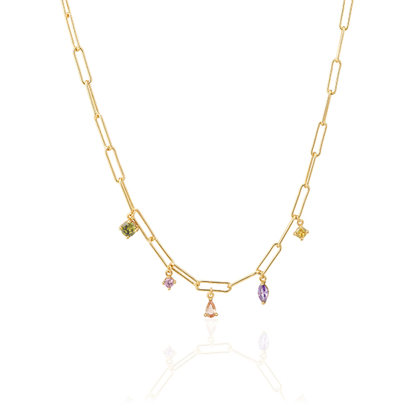 Collier van 925 Sterling zilver met gold plated 18 karaat goud laag, oppervlak glanzend. Versierd met handset veelkleurige druppel, marquise en ronde zirkonia.