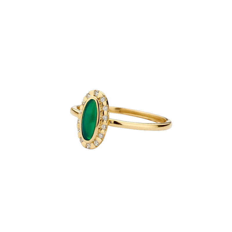 Type goud: 14k Geel goud
Type zetting: Gladomzetting , Fantasie zetting
Type steen: Groene Agaat, Zirkonia
Steenkleur: Groen
Grootte detail/applique: 6.5 mm, 11.3 mm
Diameter: Ø 1.3 mm