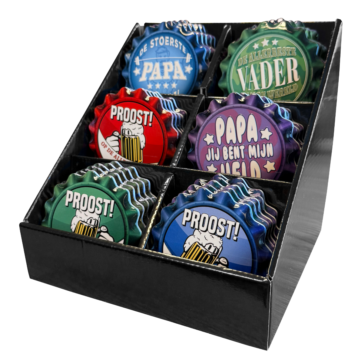 De cap coasters hebben een diameter van 11 centimeter, de onderzetters zijn gemaakt van keramiek.