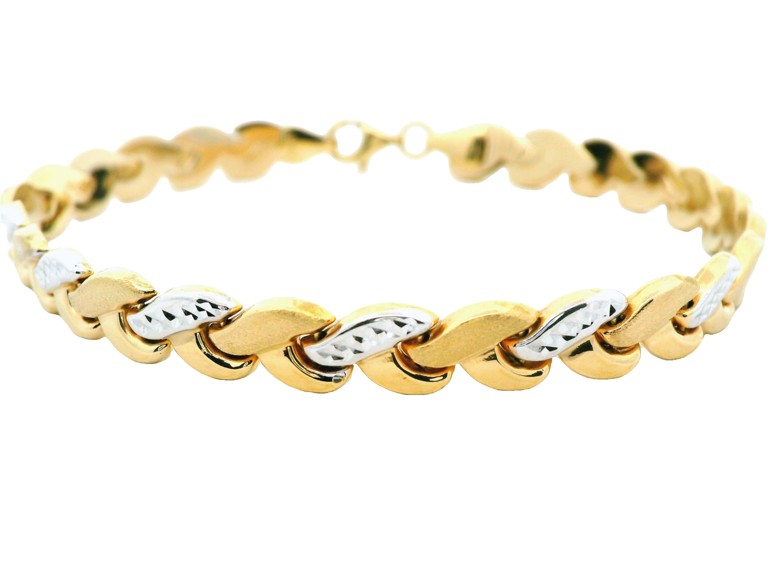 Geef je pols een stijlvolle upgrade met deze verfijnde 14 karaat bicolor gouden armband (7.06 gr) . Deze armband combineert glanzend geelgoud met elegant witgoud in een prachtig golvend schakeldesign. De schakels zijn zorgvuldig afgewerkt met een mix van glanzende en gematteerde oppervlakken, wat zorgt voor een subtiele maar luxe uitstraling.

Kenmerken:

Materiaal: 14 karaat geel- en witgoud (bicolor)

Design: Afwisselend matte en gepolijste schakels met gedetailleerde witgouden accenten

Sluiting: Stevige karabijnsluiting voor veilig en comfortabel dragen

Geschikt voor: Dames die houden van tijdloze klasse

Afwerking: Fijn geslepen witgouden schakels met structuur voor extra schittering

Deze armband is perfect voor zowel dagelijks gebruik als speciale gelegenheden. De combinatie van twee goudkleuren maakt het een veelzijdig sieraad dat moeiteloos te combineren is met andere sieraden.