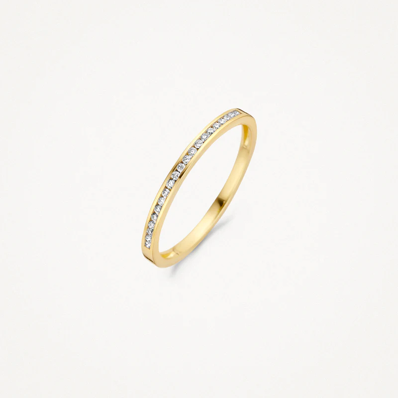 In deze 14k geelgouden ring glinsteren briljant geslepen diamanten in railzetting. De band heeft een doorsnee van 1,6 mm en de diamanten hebben een (totaal) karaatgewicht van 0,10. Deze elegante ring is mooi te mixen en matchen met andere ringen uit onze collectie.