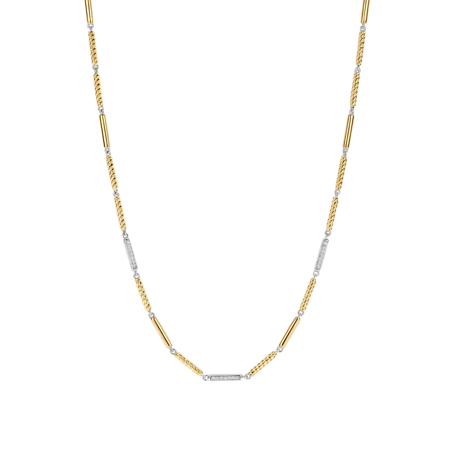 Maak kennis met de TI SENTO ketting 34088ZY, een luxueuze mix van verfijning en moderne elegantie. Gemaakt van hoogwaardig 925 sterling zilver, toont deze ketting een boeiend touwontwerp met goudkleurig gedraaide schakels en platinakleurige accenten, bezet met glinsterende cubic zirconia. De afwisselende texturen creëren een gedurfde maar gracieuze uitstraling, waardoor dit sieraad een echt statement van verfijnde stijl is. Laat deze ketting je zomerse verfijning belichamen en een vleugje gouden warmte toevoegen aan je zonnige avonturen. Draag de ketting met een diepe halslijn of combineer de ketting met andere delicate kettingen voor een veelzijdige, chique look. Hypoallergeen en nikkelvrij, biedt hij comfort en tijdloze schoonheid voor elke gelegenheid.