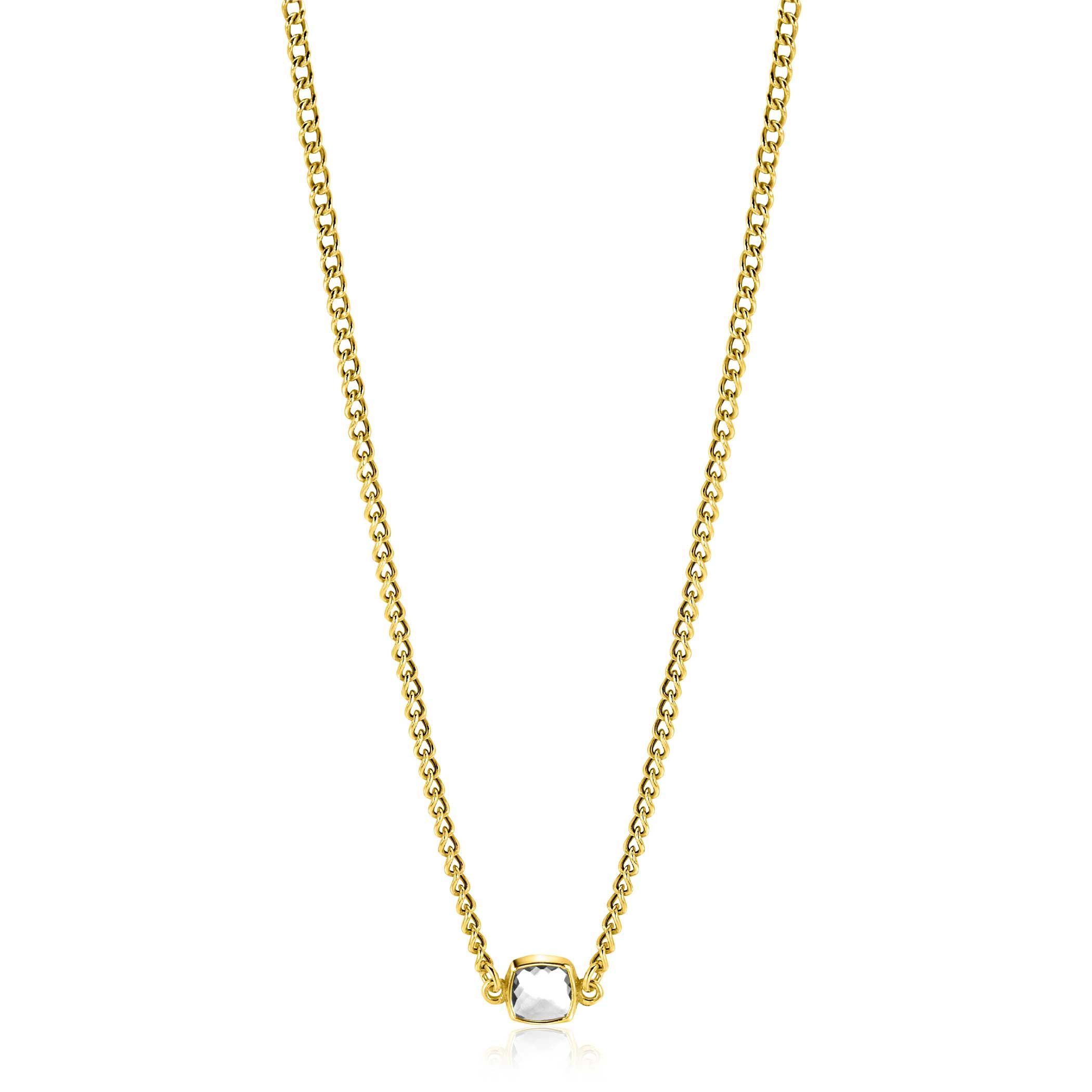 ZINZI gold plated zilveren gourmet ketting met vierkante zetting bezet met witte zirconia. De gourmet schakels zijn 2,8mm breed. De lengte van de ketting is te variëren tussen 40cm en 45cm. De ketting is vervaardigd van eerste gehalte zilver (925) en extra geelverguld.