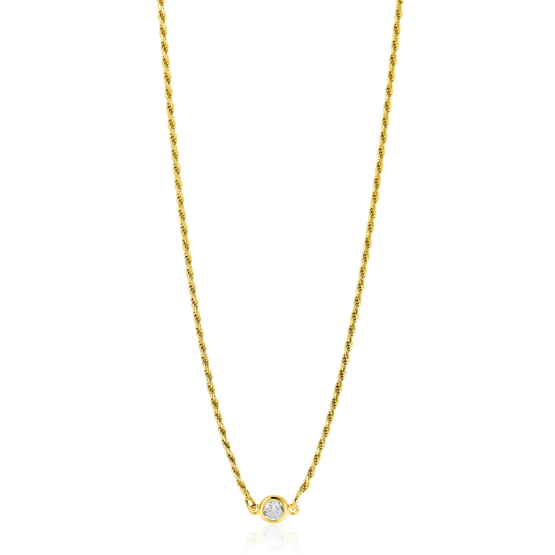 ZINZI gold plated zilveren koord ketting 45cm bezet met een ronde witte zirconia. De koord schakels zijn 2mm breed. De lengte van de ketting is te variëren tussen 40cm en 45cm. Vervaardigd van eerste gehalte zilver (925) en extra geelverguld.
