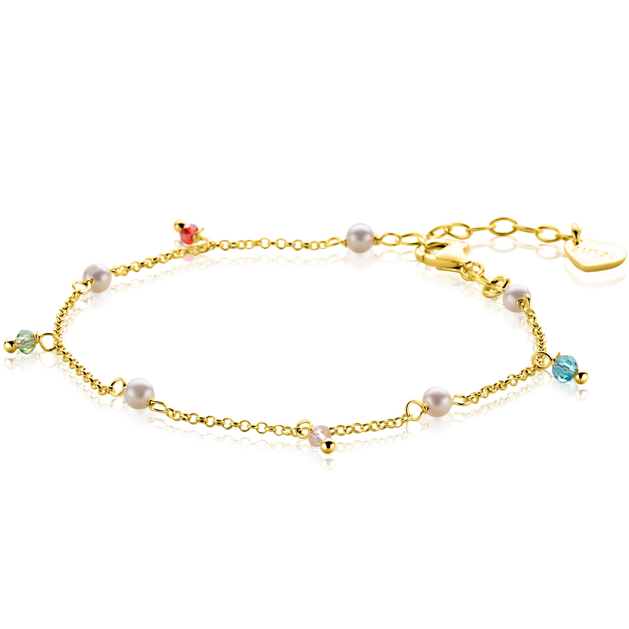 ZINZI gold plated zilveren armband met afwisselend witte parels en bungelende facetgeslepen beads (5,5mm) in frisse kleuren. De armband is verstelbaar van 17cm tot 20cm. Vervaardigd van eerste gehalte zilver (925) en extra geel verguld.