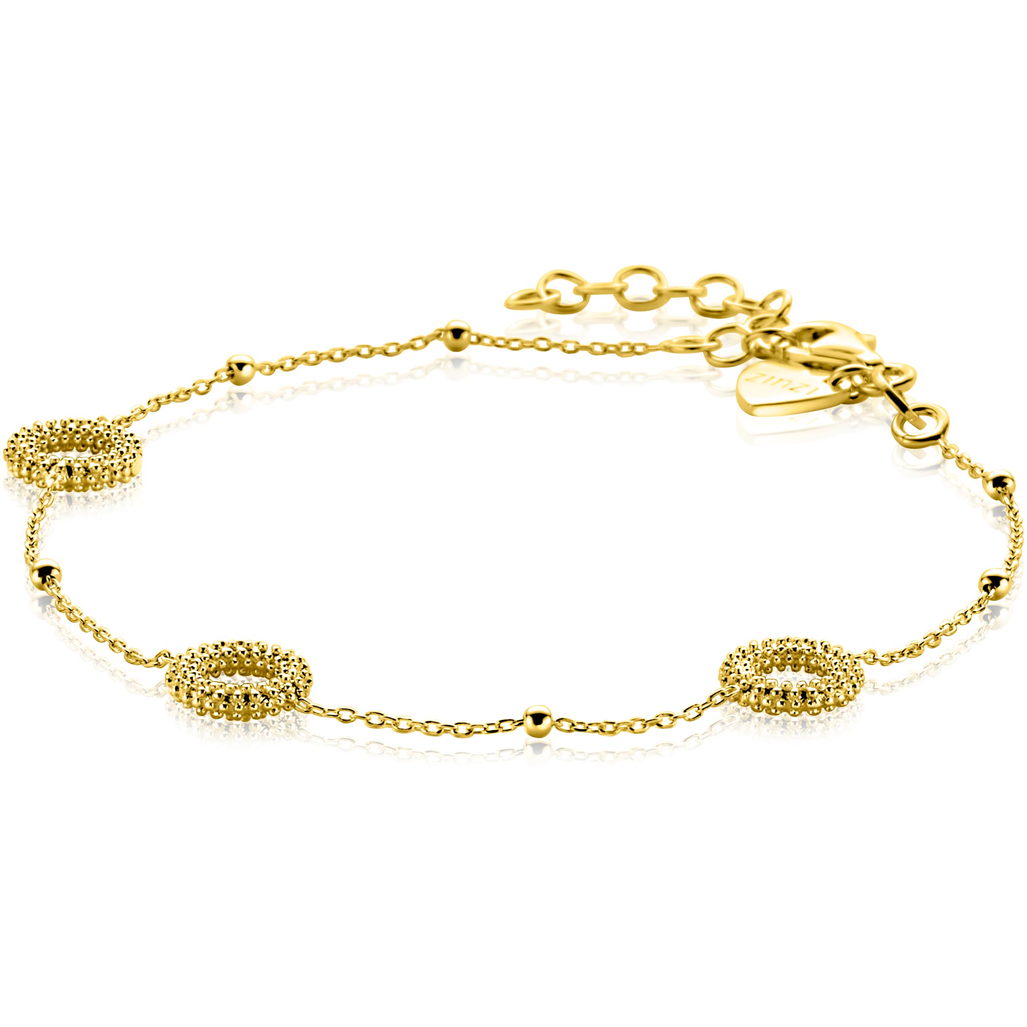 Zinzi zilver vergulde armband met 3 bewerkte open rondjes