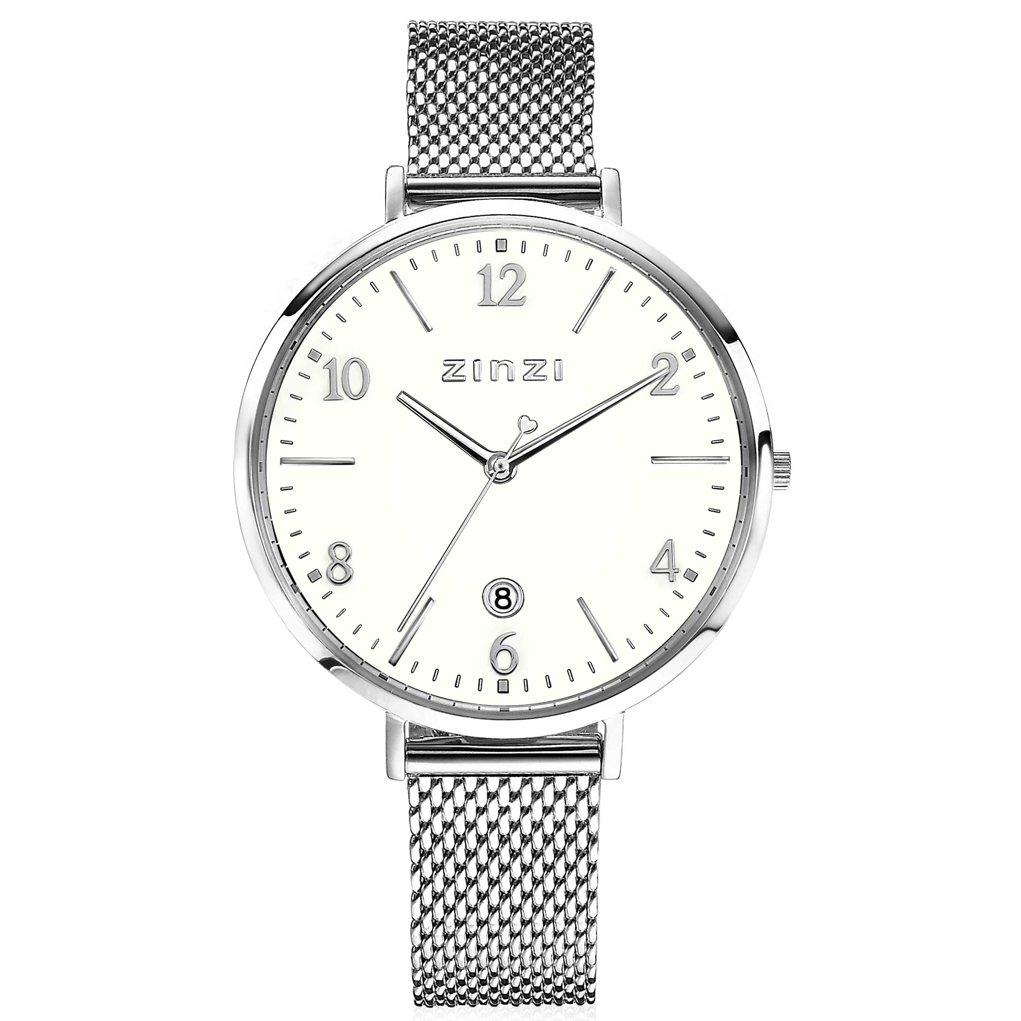 ZINZI horloge SOPHIE witte wijzerplaat met datum, stalen kast 38mm, stalen mesh band 16mm ZIW1406