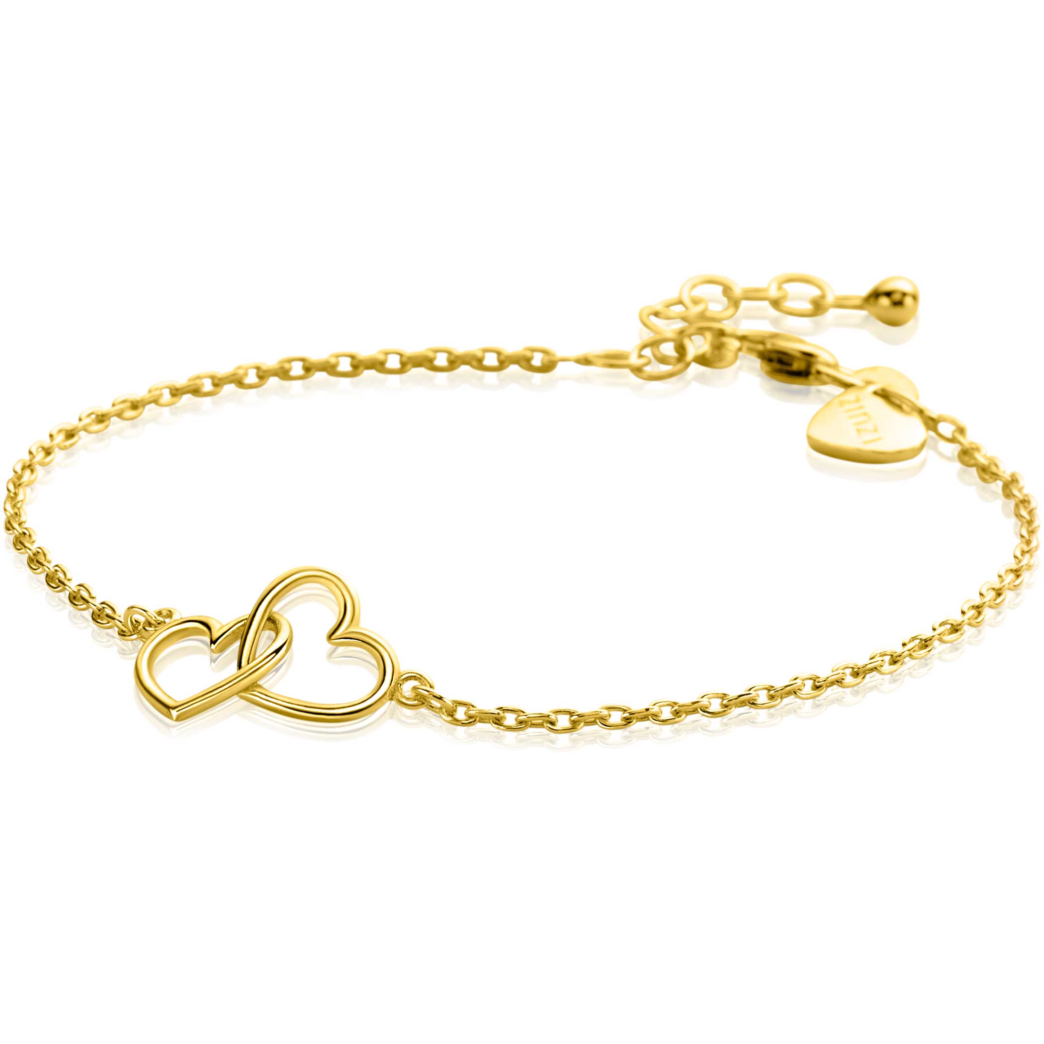 ZINZI gold plated zilveren armband met in het midden twee hartjes mooi verbonden met elkaar. De twee hartjes zijn samen 16 mm lang. De lengte van deze armband is te variëren tussen 16,5 en 19,5 cm. Met herkenbaar Zinzi hartje bij de sluiting. De armband is vervaardigd van eerste gehalte zilver (925) en voorzien van een extra geel vergulding.
