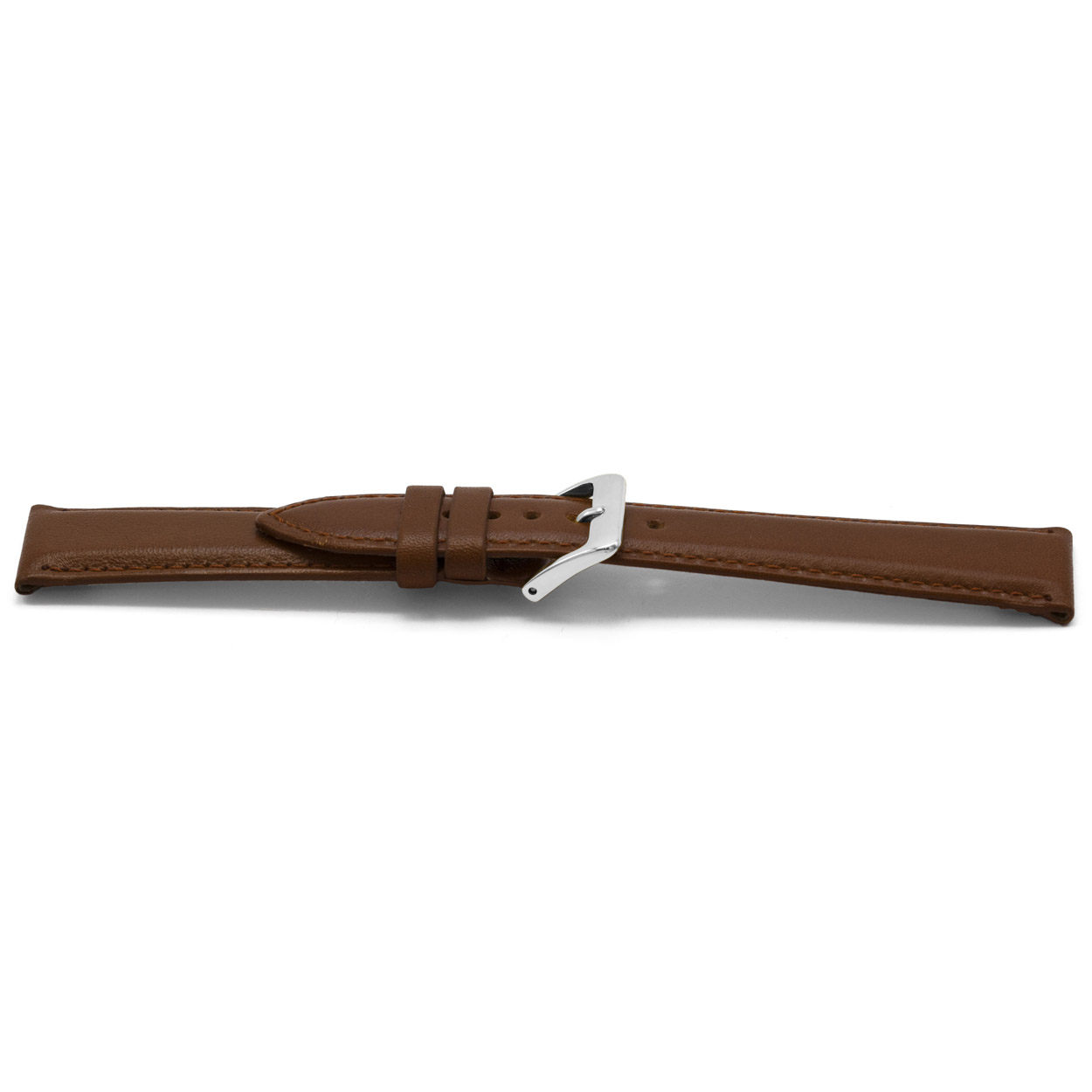 Bruin lederen horlogeband licht gevuld met zilverkleurig edelstalen gesp.
Kleur band: Bruin
Band dikte: 4.0 - 2.7mm
Band lengte: 75/115mm
Band breedte: 16x14mm
Gesp: Stainless steel
Bekleding binnenband: Nubuck
Gestikt: Ja, dezelfde kleur alsde band. 
Pushpin: Exclusief
Hypo allergisch: Ja
EAN: 4780263347161